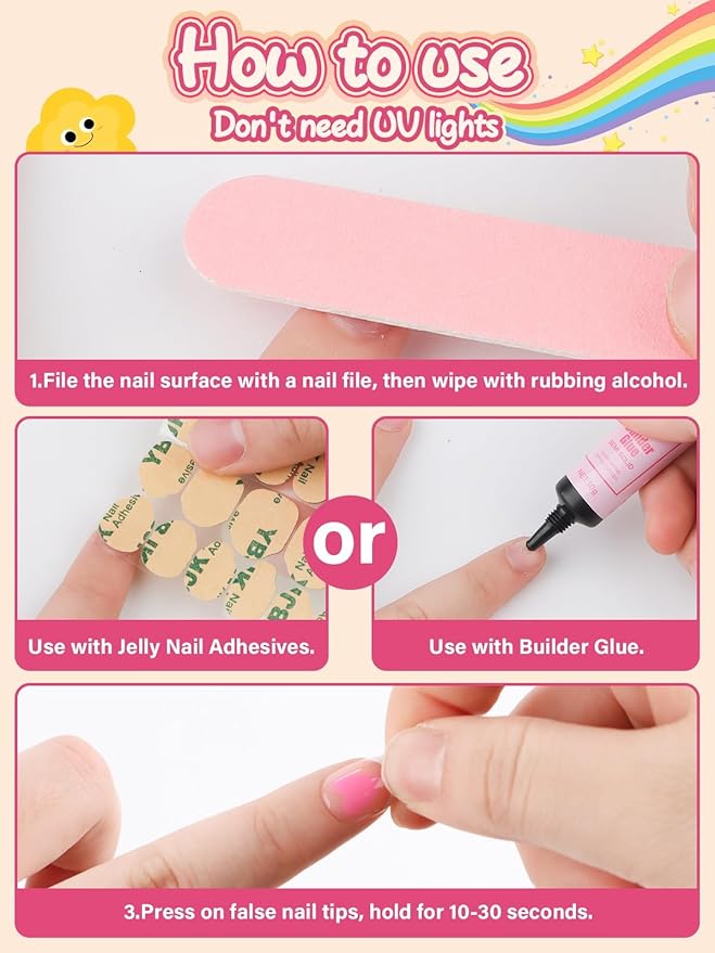 EBANKU 26 Pcs Press on Nails for Kids, Pink Heart Fake Nails for Girls 5-12 Years False Nails Kit with Nail Glue, Short Full Cover Press on Nails Tip for Child
