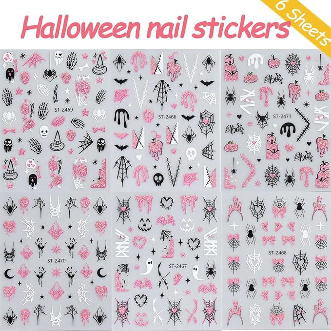 6 Sheets Pink Glitter Halloween Nail Stickers for Nail Art 3D Self-Adhesive Spider Web Nail Stickers with Ghost Bat Blood Drop Skull Cute Halloween Designs Goth Nail Decals for Women Acrylic Nails