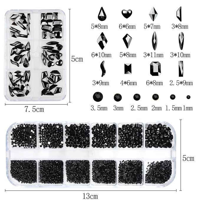 Nail Art Rhinestones with Glue Gel Flatback Nail Charms Luxurious Supplies Accessories Champagne Nails Gems Jewelry for Women Nails DIY Design Decoration,Black