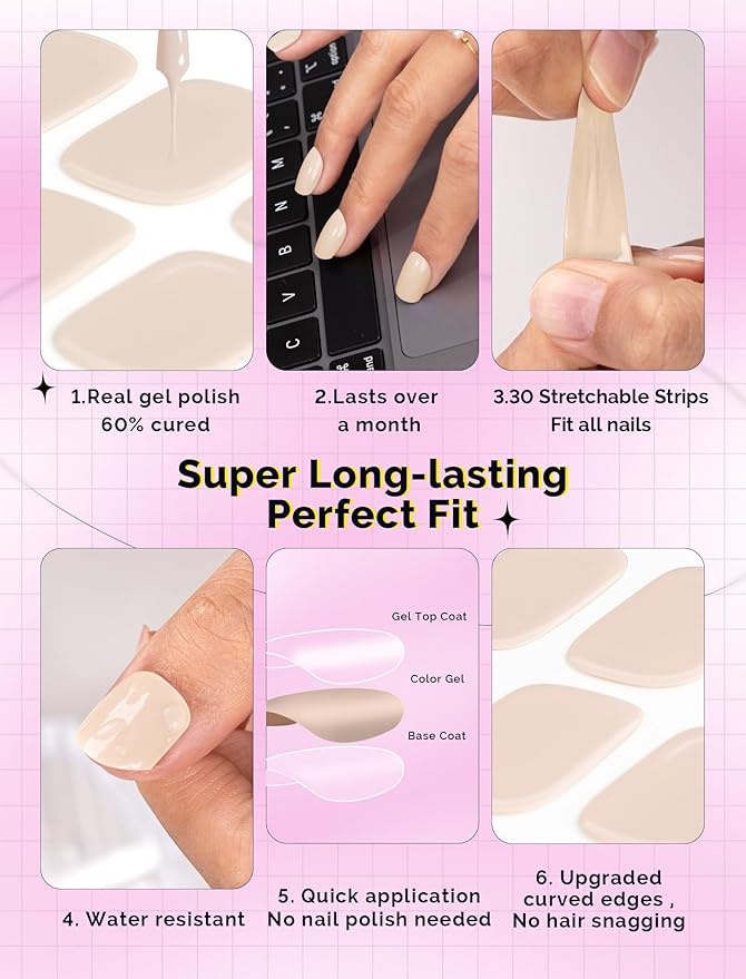 MelodySusie 30PCS Semi Cured Gel Nail Strips, Beige, Salon Quality, Long Lasting, Easy Apply & Remove, Includes 2 Prep Pads, Nail File & Wooden Stick