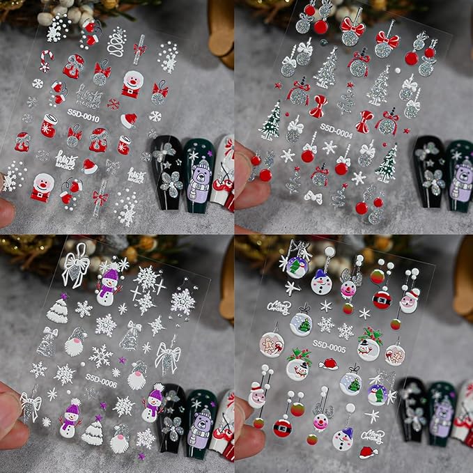 5 Sheets Christmas 5D Embossed Nail Art Stickers Gold Silver Glitter Nail Decals Self Adhesive Snowman Elk Gift Nail Design Stickers Snowflake Nail Stickers Winter Xmas Nail Art Supplies for Women DIY