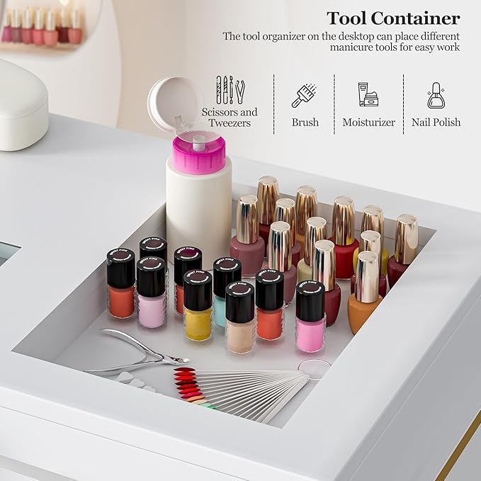 Nail Tech Table with Dust Collector, Glass Top Manicure Table Nail Desk Station w/7 Drawers & 3-Tiers Open Shelves, Nail Beauty Workstation w/Wrist Cushion & Acrylic Display Rack(White)