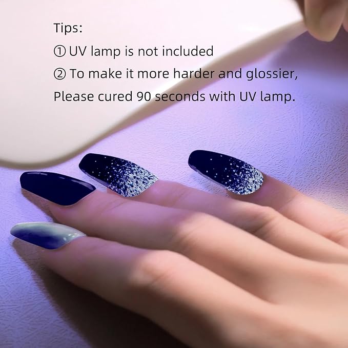 WOKOTO Semi Cured Gel Nail Strips (Black Gradient)-16 Pcs Gel Nail Stickers | Gel Nail Wraps | UV Light Required, Salon Quality & Easy to Use, Real Nail Polish Strips Stick On Nails with Nail File