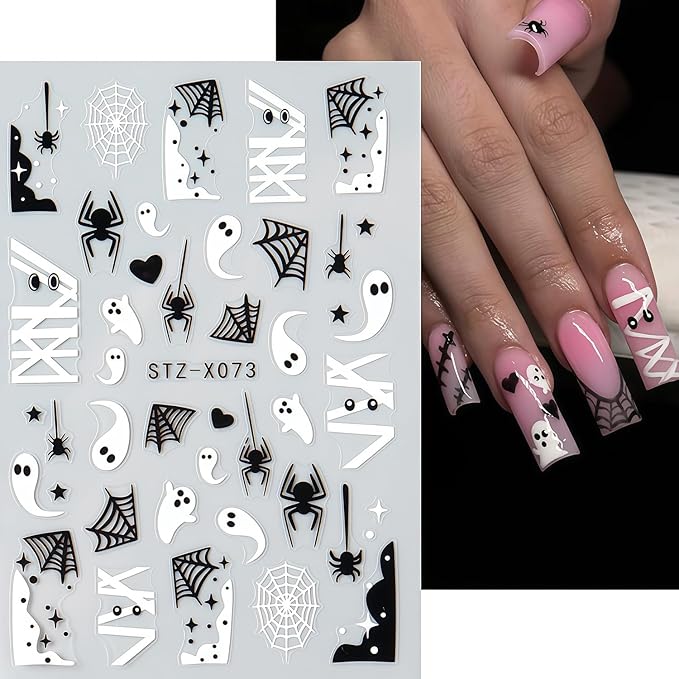 6 Sheets Halloween Nail Stickers, Spider Nail Art Stickers 3D Self-Adhesive White Black Spider Web Blood Heart Star Spiders Ghost Nail Decals Holiday Sticker for Halloween Party DIY Nails Decoration