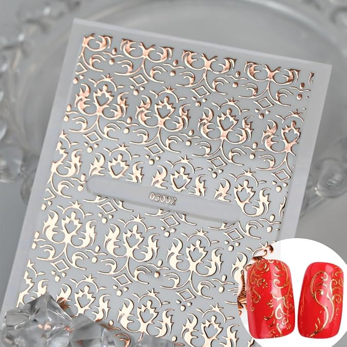 30 Sheets Rose Gold Lace Line Nail Stickers 3D Self Adhesive Nail Art Charms Sticker Decals for Crafts Supplies Accessories (ST-RG)