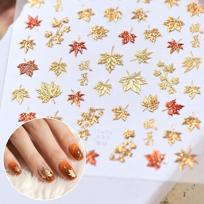1 Sheets Embossed Fall Nail Stickers for Nail Art 5D Self-Adhesive Gold Maple Leaf Nail Decals Autumn Maple Leaves Nail Art Stickers Thanksgiving Nail Design Sticker for Women Nail Decoration