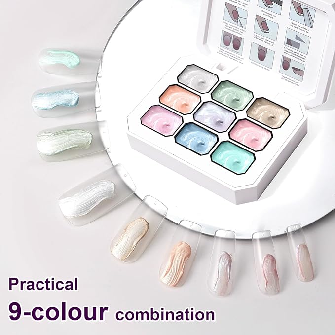 Gradient Painting Gel, 9 Colors Ombre Gel Nail Polish with Pearlescent Silk Satin Pigment Pat Nails Aura Nails French Manicure Soak Off UV Treasure of Pearl