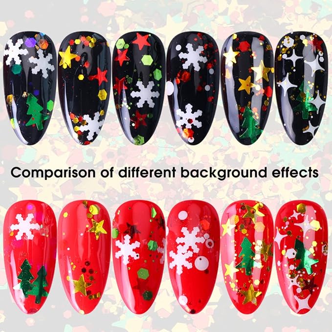 Christmas Nail Art Glitters, Christmas Tree Snowflake Nail Sequins, 3D Mixed Snowflake Tree Heart Star Butterfly Circle Nail Sparkly Flakes Design for Women Manicure Holiday Nail Art Decoration