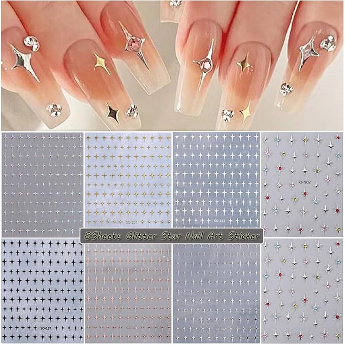 8Sheets Shiny Glossychic Stars Nail Stickers 3D Glitter Gold Black White Starshine Cross Rhinestones Silver Star Design Self-Adhesive Decals Luxury 5D Nail Art Stickers Star Charms Nail Decoration