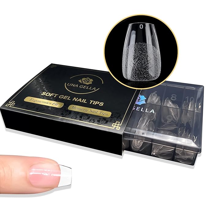 UNA GELLA Short Coffin Nail Tips 600Pcs, Short Coffin Gel Nails Tips Pre Etched 12 Sizes Soft Gel Fake Nails Tips Pre-file Full Cover for Nail Extension Home DIY Salon with Box