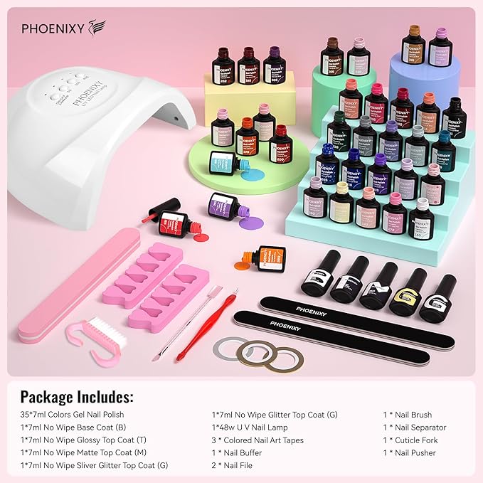 PHOENIXY 51 Pcs Gel Nail Polish Kit with U V Light, 35 Colours Gel Polish with 5 Pcs Base Top Coat Manicure Starter Nail Polish Set Gifts for Women ST9016