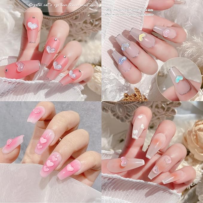 200Pcs Mixed Size Colorful Heart Nail Art Charms 3D Shining White Pink Flat Valentine's Day Nail Charms Love Heart Resin Crystal Jewelry Craft DIY Accessories for Women Acrylic Nail Decor
