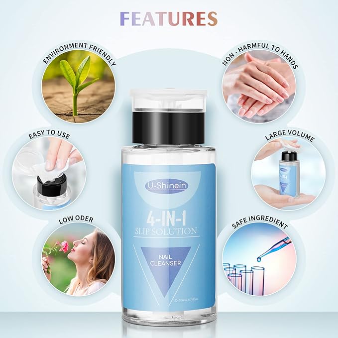 200ml Nail Slip Solution, 4-in-1 Poly Nail Gel Slip Solution Poly Nail Extension Gel Liquid Slip Solution Builder Gel, Nail Cleaner Liquid Nail Polish Remover with Nail Brush Nail Art