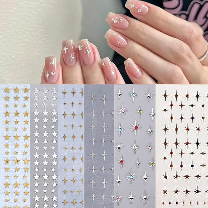 6 Sheets Star Nail Art Stickers Glitter Rhinestones Star Nail Design Stickers Gold Silver Nail Decals Colour Gems Nail Decor 3D Self Adhesive Starlight Nail Art Supplies for Women DIY Manicure