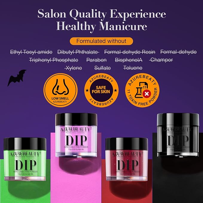 AZUREBEAUTY Halloween Dip Powder Nail Kit Starter Black Green Noctilucent Purple Red add 3D Nails Accessory Acrylic Dip Powder Liquid Set with Base/Top Coat Activator for Manicure Gift Box