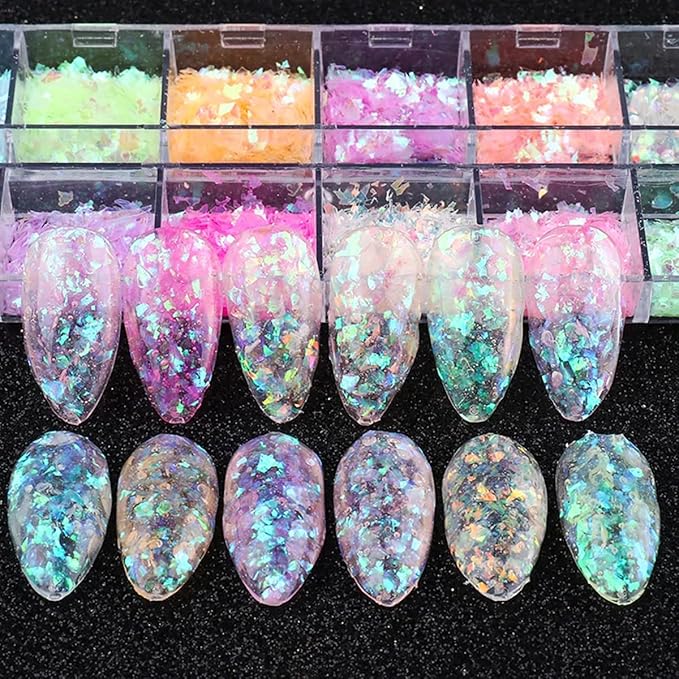 12 Grids Flaky Nail Art Glitter Sequins 3D Holographic Acrylic Nail Art Flakes Irregular Mermaid Nail Glitters Colorful Fluorescent Glass Paper Nail Sequins Women Party DIY Nail Beauty Accessories