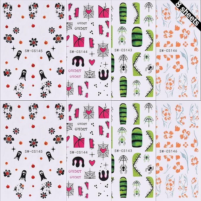 8 Sheets Halloween Nail Art Stickers Gothic Spooky 3D Self Adhesive Ghost Nail Decals Goth Spider Web Flower Nail Design Stickers Ghost Nail Stickers Art Decoration for Women Acrylic Manicure Salon