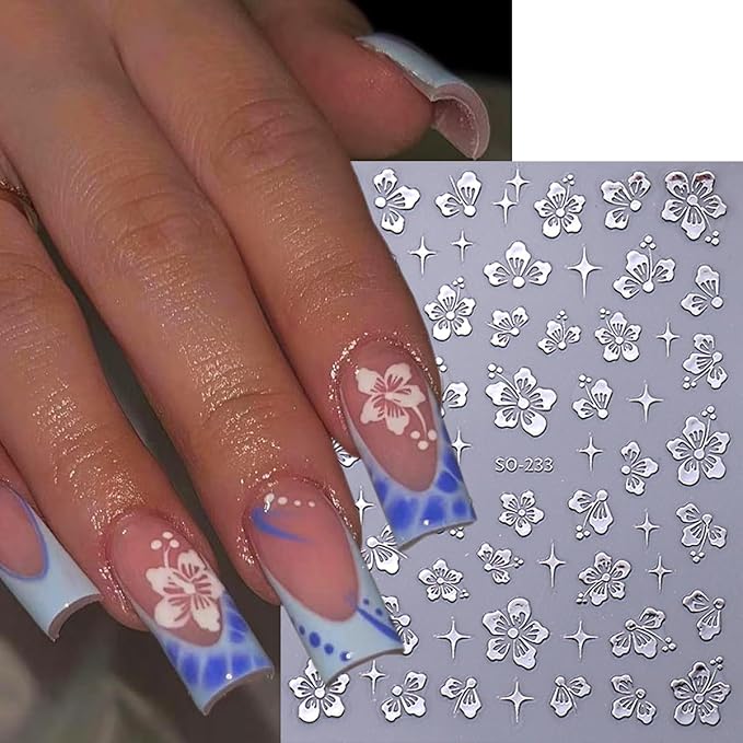 6Sheets Flower Nail Stickers for Nail Art, Hibiscus Flowers Nail Decals White Pink Gold Flower Star Pattern Flowers Nail Design 3D Self-Adhesive Hibiscus Nail Art Stickers Manicure Tips for Women