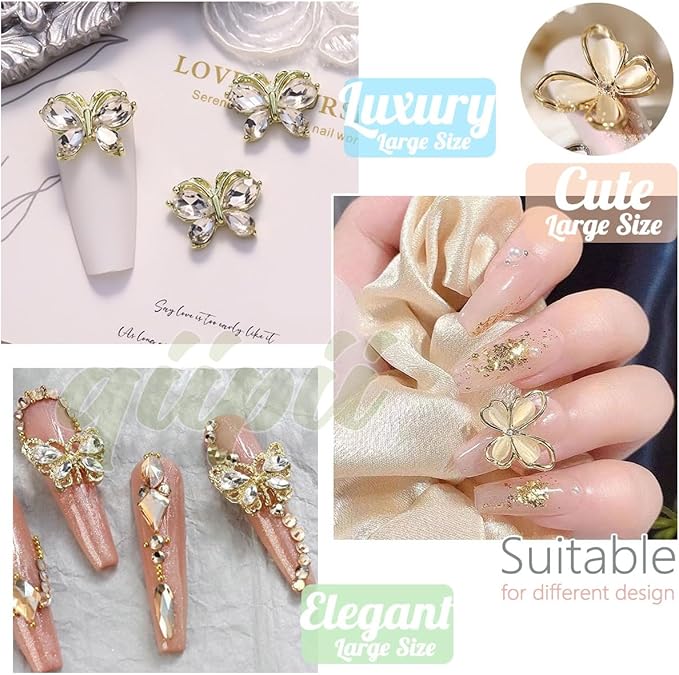 Big Butterfly Nail Charms, 26pcs 3D Golden Silver Butterfly Charms for Acrylic Nails Butterflies Nail Rhinestones Gems Charms Alloy Studs Nail Art Crystals Diamonds Decor Supplies for Nails DIY