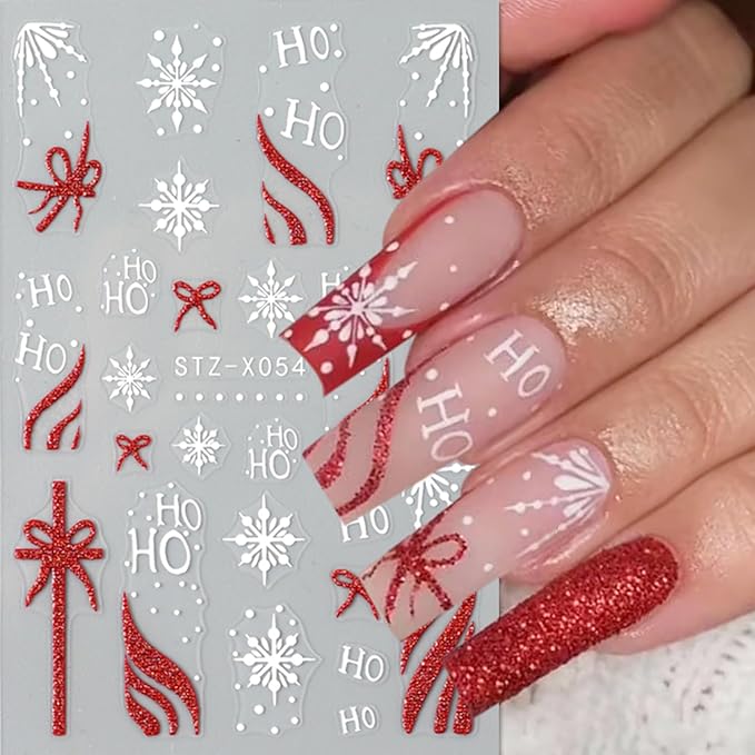 6Sheets Red Christmas Nail Art Stickers,Christmas Hat Snowflake Gift with French Bow Snowflakes Hat Glitter Design 3D Self-Adhesive Decals Supplies Winter New Year Manicure Tips Decoration for Women