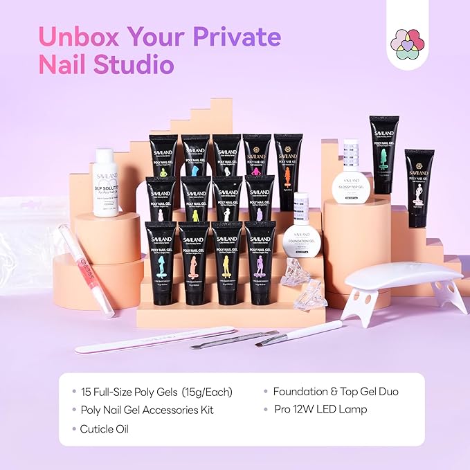 SAVILAND Poly Gel Nail Kit Starter: 15 Poly Gel Nail Colors for 28 Days Long-Lasting, All-in-1 Poly Nail Gel Kit with Slip Solution U V/LED Lamp, Suitable for Trendy Nail Art Home Salon Daily DIY