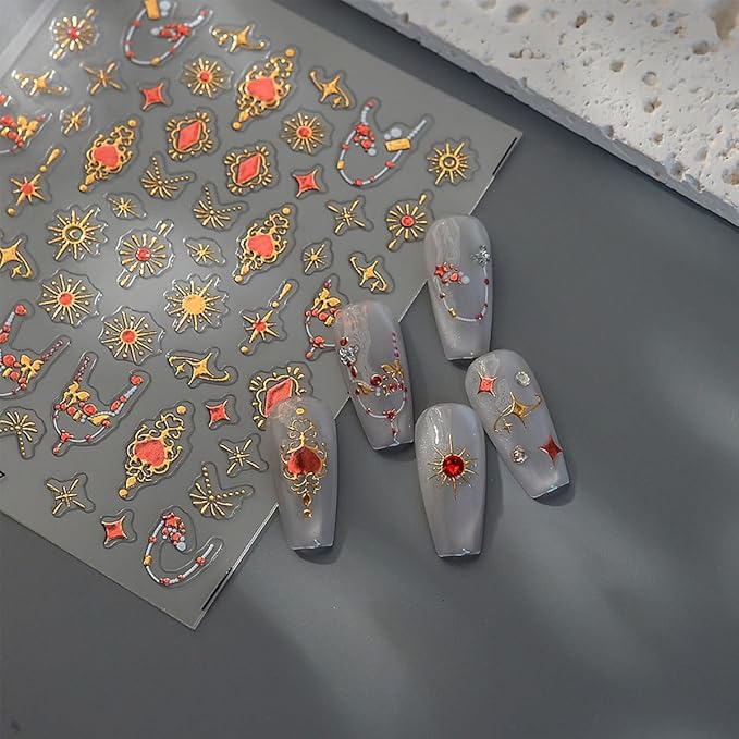 标题: 5D Embossed Bohemia Nail Sticker Self-Adhesive Star Nail Art Stickers Golden Stars Moon Sun with Diamond Design Bohemian Style Nail Art Supplies Gold Nail Decals for Women Manicure Decorations DIY
