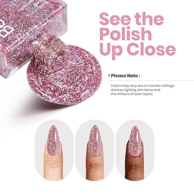 Beetles Glitter Nail Polish, 15ml Light Pink Sparkly Iridescent Rainbow Shimmer Nail Polish, Diamond Shiny Glitter Fast Drying & Long Lasting Nail Lacquer Shimmer for Nail Salon-Quality Results