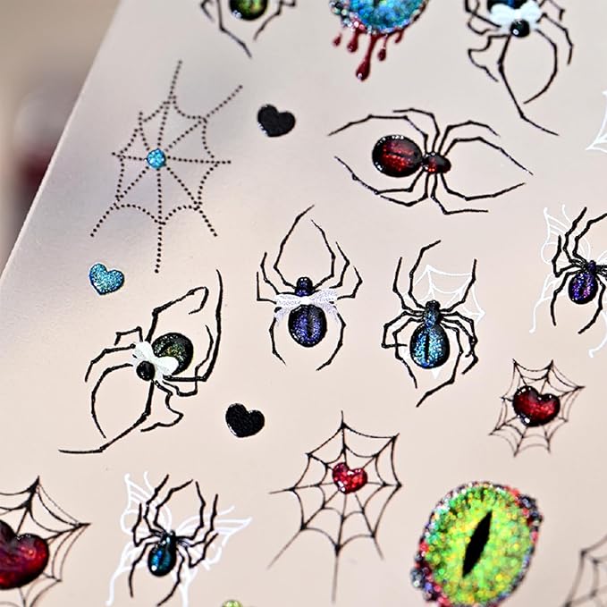 5D Embossed Spider Nail Art Stickers Halloween Nail Stickers Sparkling Eyes Spider Web Nail Decals Gothic Design Manicure Decoration for Women Girls Holiday Nail Supplies 1 Sheets