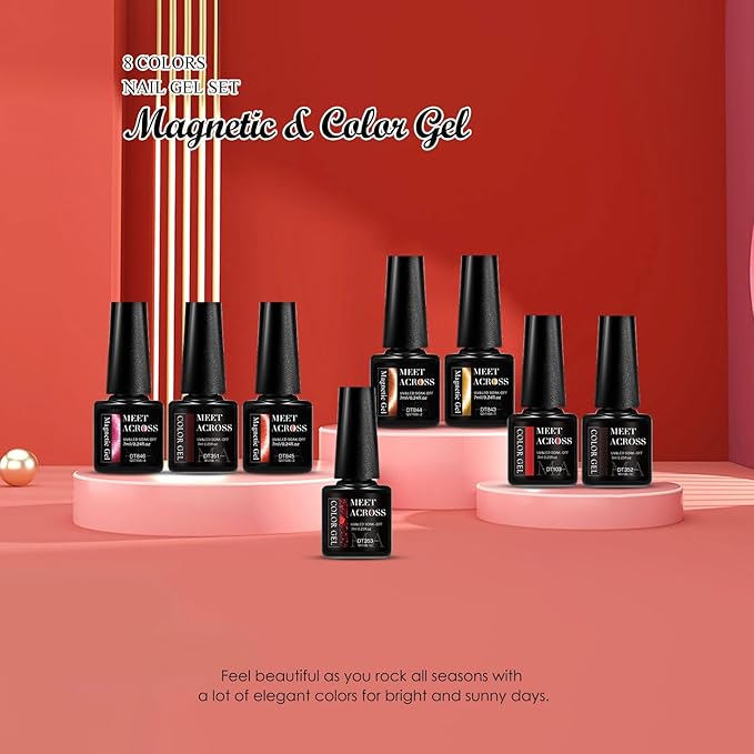 MEET ACROSS 8pcs Gel Nail Polish Set, Soak off UV LED Lamp Gel Nail Polish Cat Eye Set Home Gel Manicure Kit 7ml (Cat Eye + color Gel-1)