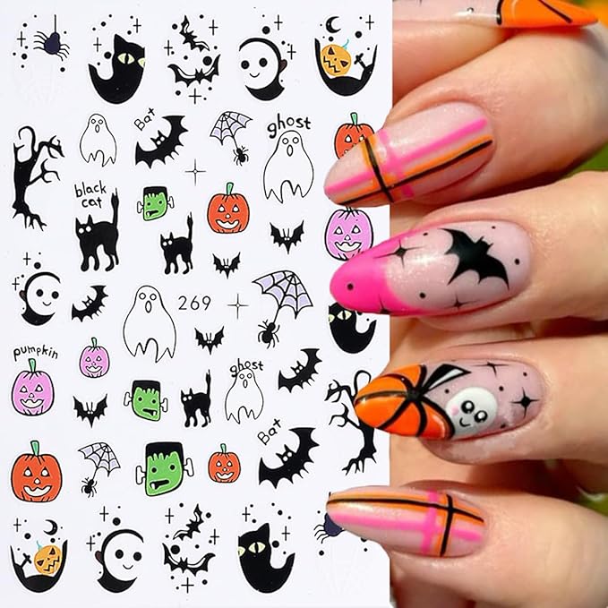 Halloween Nail Art Stickers Decals 3D Halloween Nail Stickers for Nail Art 6PCS Ghost Spiders Web Bat Pumpkin Black Cat Self-Adhesive Nail Art Design Manicure Sliders for Women DIY Nail Decorations