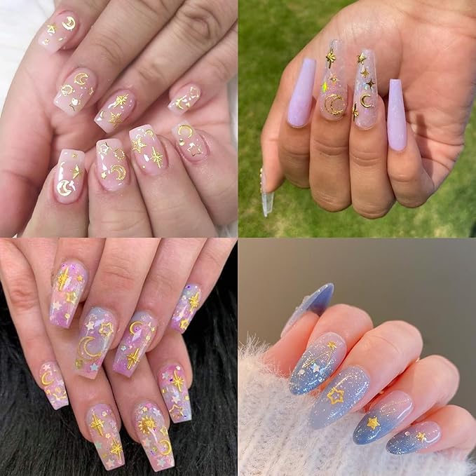 Hollow Moon Star Nail Art Ornaments Glitter Rhinestone Gold Mixed Metal Star Decorations for Women Girls DIY Nail Art Accessories 2 Boxes