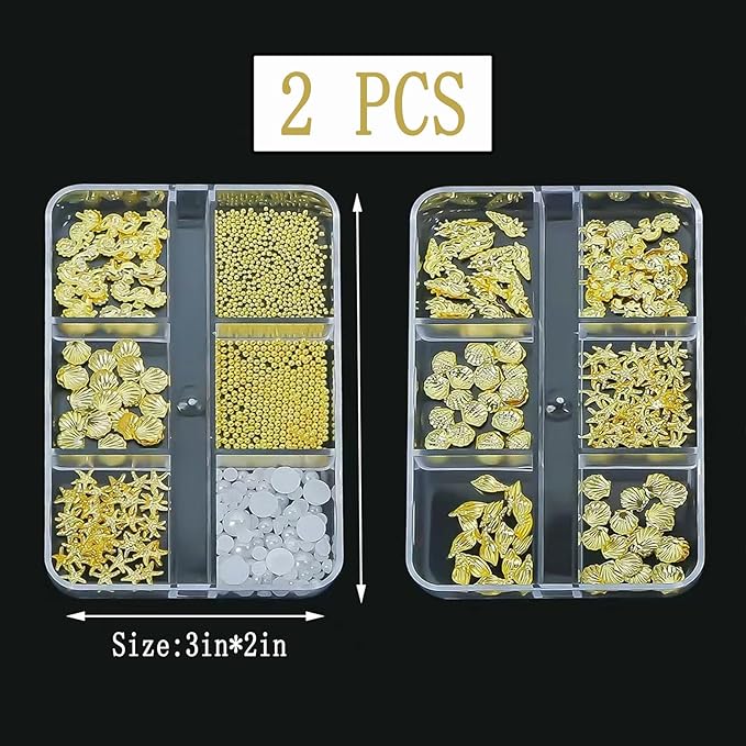 2 Boxes Summer Shell Nail Art Charms 3D Metal Mixed Shapes Gold Shell Seahorse Starfish Conch Alloy Nail Rivets with Flatback Pearls Nail Charms Summer Ocean Theme DIY Crafts Manicure Decoration