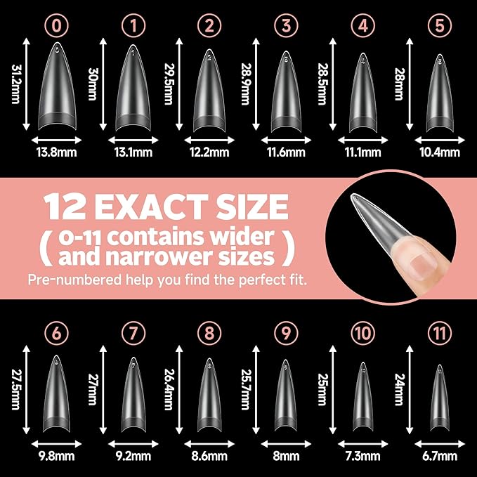 UNA GELLA Clear Stiletto Nails Tips Half Cover Stiletto Gel Nail Tips 216pcs Almond Shape False Acrylic Nail Tips for Faster Gel Nail Extension DIY Art Salon Press On Nails 12 Sizes