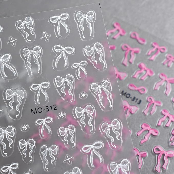 3 Sheets Embossed Bow Nail Decals for Nail Art Pink White Bows Nail Stickers Cute Bow Ribbon Nail Designs Supplies 5D Self-Adhesive Bow-Knot Nail Art Stickers for Women Girls Manicure Decor