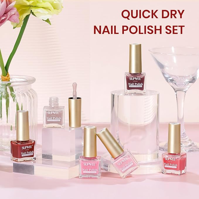 Jelly Nail Polish Set Non Gel, Quick Dry Sheer Nude Pink Regular Nail Polish Natural Neutral Fingernail Lacquer High Glossy Manicure DIY Salon Gift for Women Girl(Nude Pink Red Brown Colors)