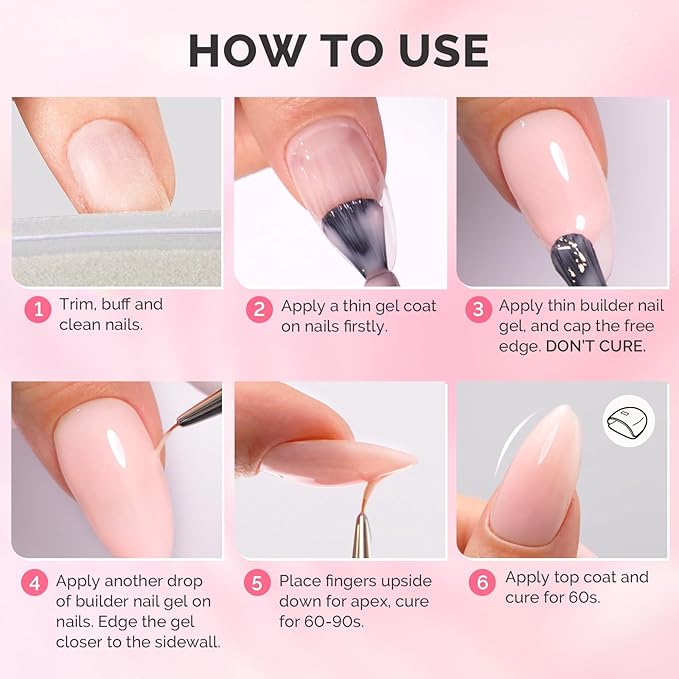 MelodySusie 6PCS Builder Gel Set for Nails Thickening,15ML Pink Base Colors Clear Rubber Base Gel Polish,Soak Off UV Extension,Rhinestone Nail Glue in a Bottle for Nail Art Design Gift for Women