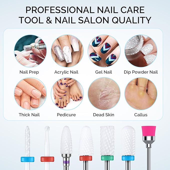 MelodySusie Ceramic Nail Drill Bits Set, 3/32'' (2.35mm) Professional Acrylic Nail File Drill Bit for Manicure Pedicure Cuticle Gel Nail Polishing 7Pcs
