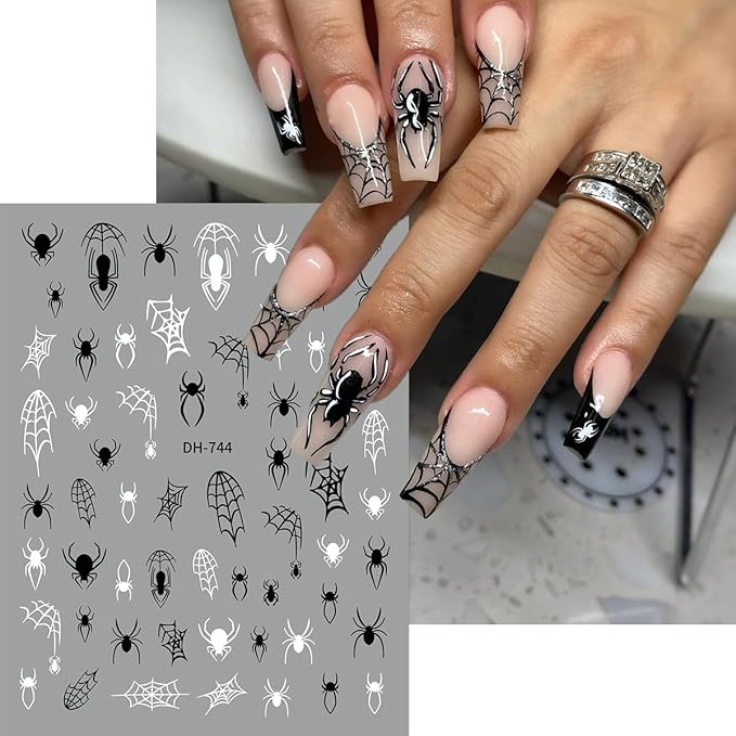 Halloween Nail Stickers Spider Web Nail Decals Pumpkin Nail Art Stickers Ghost Heart Star French Tips Design Self Adhesive Nails Sticker for Nails Art for Women DIY Holiday Manicure Supplies 8 Sheet