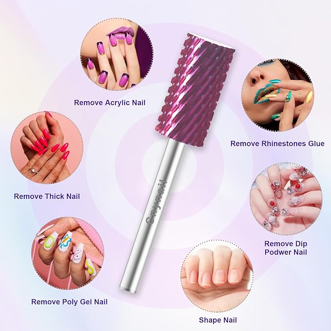 3/32" Large Barrel Bit Tungsten Carbide Nail Drill Bit Safety Bit for Gel & Acrylic Removal, 2- Way Rotating Efile Tip, Salon Electric File Accessory (XC Girt, Purple)
