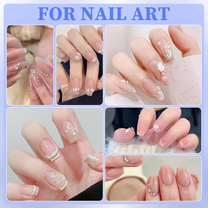 4 Boxes 3D Flower Nail Charms and Gems - Pink Nail Flower Charms Crystal AB Clear Gemstones Silver/Gold Caviar Beads White/AB Pearls for Women DIY Manicure Crafts (18-S4-Pink)