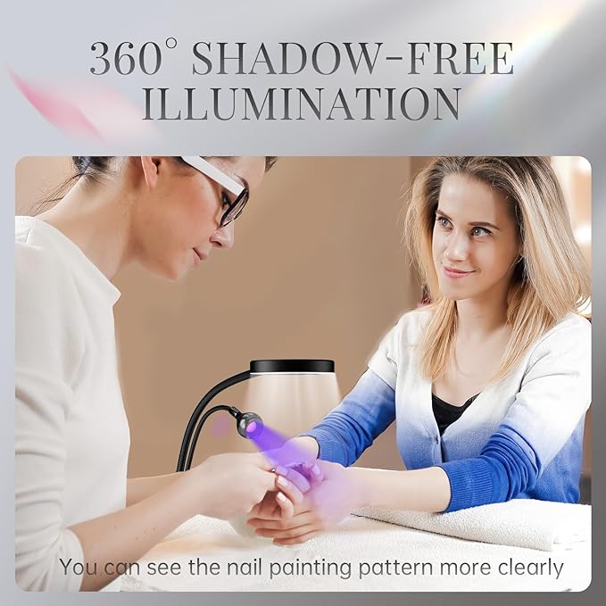 krofaue UV Nail Lamp - Flash Cure Lamp Dual-Light UV Light with 6× Magnifier 4-Levels Brightness Nail Dryer for Regular Polish, Desk Clip Salon-Perfect Manicures at Home Black