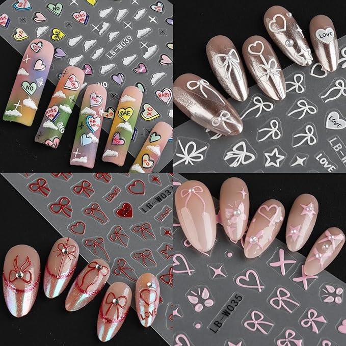 5D Embossed Bow Nail Stickers, 5 Sheets Self-Adhesive Pink White Ribbons Nail Decals, Valentines' Day Nail Art, Heart Nail Charms, Cute Cartoon Pop Art Stickers, Pegatinas para Uñas