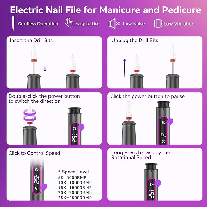 Nail Drill Electric File: Professional for Acrylic Gel Powder Nails Portable Nail Drill for Manicure Pedicure Nail Efile 5 Speeds 12 in 1 with LED Display Rechargeable, Grey