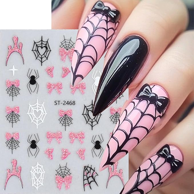 6 Sheets Halloween Nail Art Stickers Glitter Pink Nail Stickers Spider Web Nail Decals Pumpkin Line French Tips Heart Design Ghost Nail Sticker for Nail Art for Women DIY Holiday Manicure Supplies