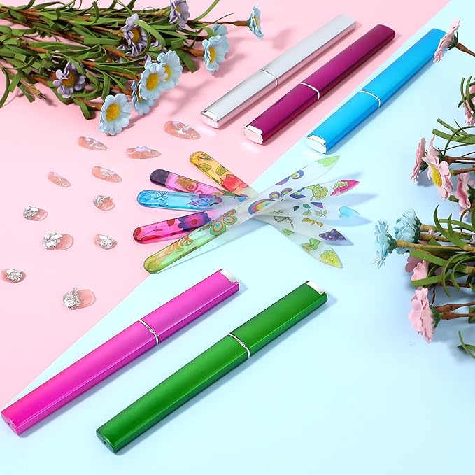 5 Pack Glass Nail File with Case Crystal Nail File Buffers Mixed Color Double Sided Glass Fingernail Files Cuticle Pusher Manicure Set for Women