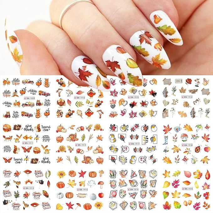 Fall Nail Art Stickers Autumn Leaves Nail Water Transfer Decals Thanksgiving Nail Art Accessories Foils Sliders Nail Water Decals Maple Leaf Pumpkin Turkey Designs for Women DIY Manicure (12 Pcs)