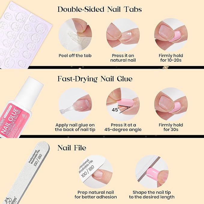 Beetles Press on Nails Kit 576Pcs 24 Colors, Press on Nails Short Square Glossy Matte With Nail Glue & Nail Tabs Stickers, Natural Fit Lightweight Squaval Fake Nails Kit Art For Women Girls