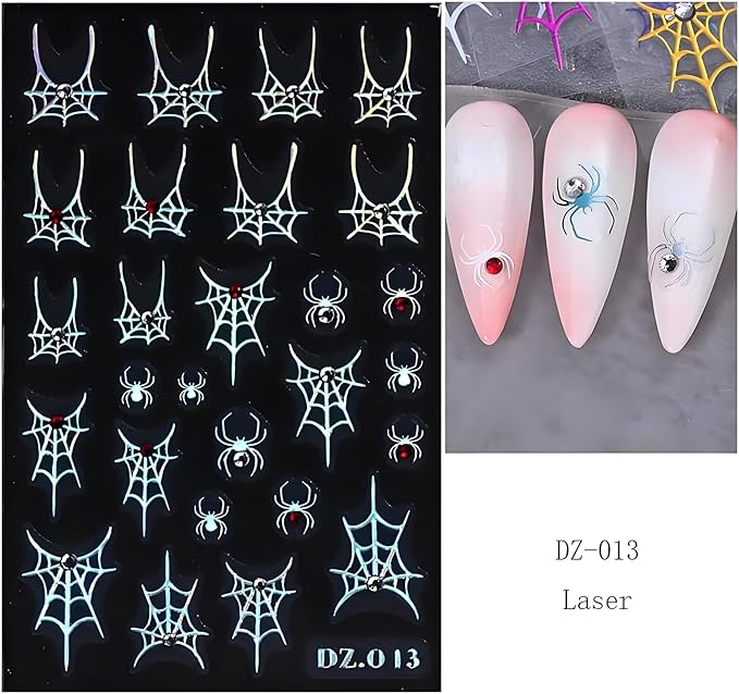 Halloween Nail Art Stickers Decals 4PCS Laser Silver Spider Web Spider Nail Decals with Rhinestone Spider Web Bow Heart Spider Nail Art Supplies Cute Nail Stickers for Women Halloween Manicure Decor