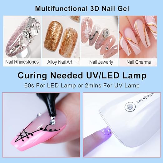 Nail Rhinestone Glue,Super Strong Rhinestones Gel Nail Glue for 3D Nails Beads Stickers Stones Crystals Diamond Art Jewels 3D Decorations Tools,Cured Need