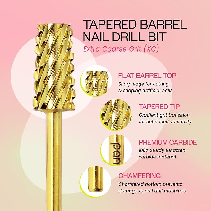 Premium Pana 3/32" Tapered Barrel Carbide Nail Bit -For Electric Dremel Drill Machine, Nail Art Design, Manicure, Pedicure, Nail File, Cuticle Clean etc. (Extra Coarse Grit- Gold)